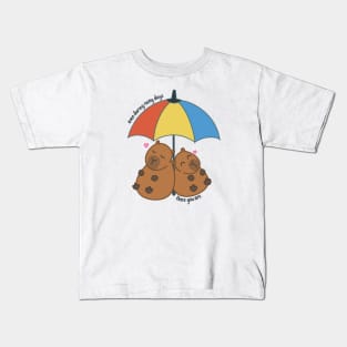 Capybara Couple in Love Under Rainbow Umbrella During Rainy Days Kids T-Shirt